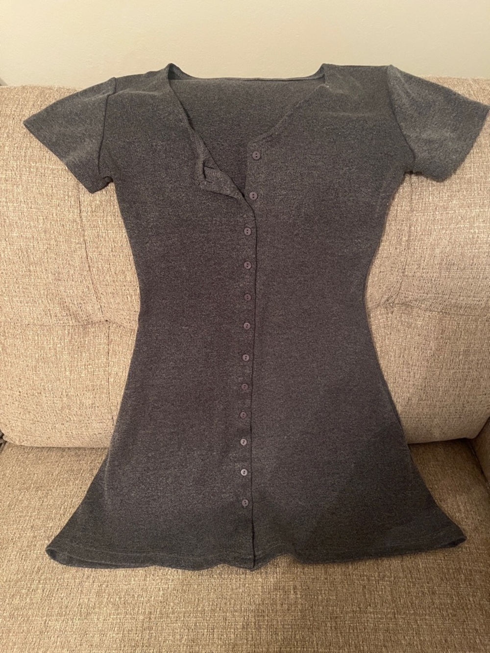 Classic Short-Sleeve Button-Front Knit Dress - Charcoal, xtra small.  Super mini